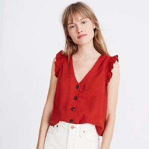 Madewell Linen Blend Ruffle Button Front Top
